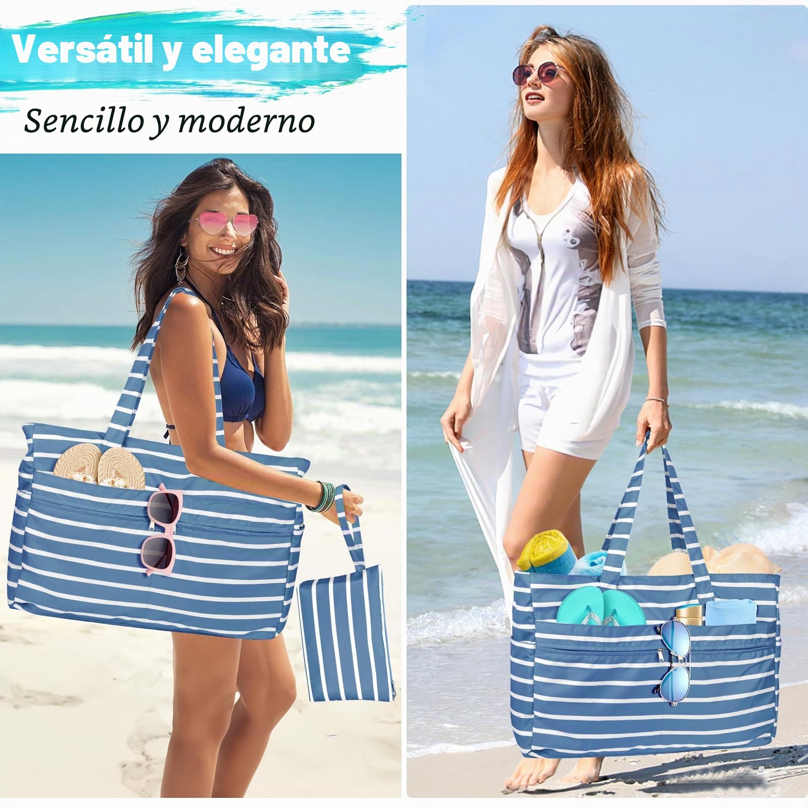 Bolsa de Playa Grande Mujer Impermeable con Cremallera Bolso Playa Grande XXL Familiar 50L Plegable y Ligero Bolsa de Mano con Múltiples Bolsa Tote para Playa Viajes Piscina