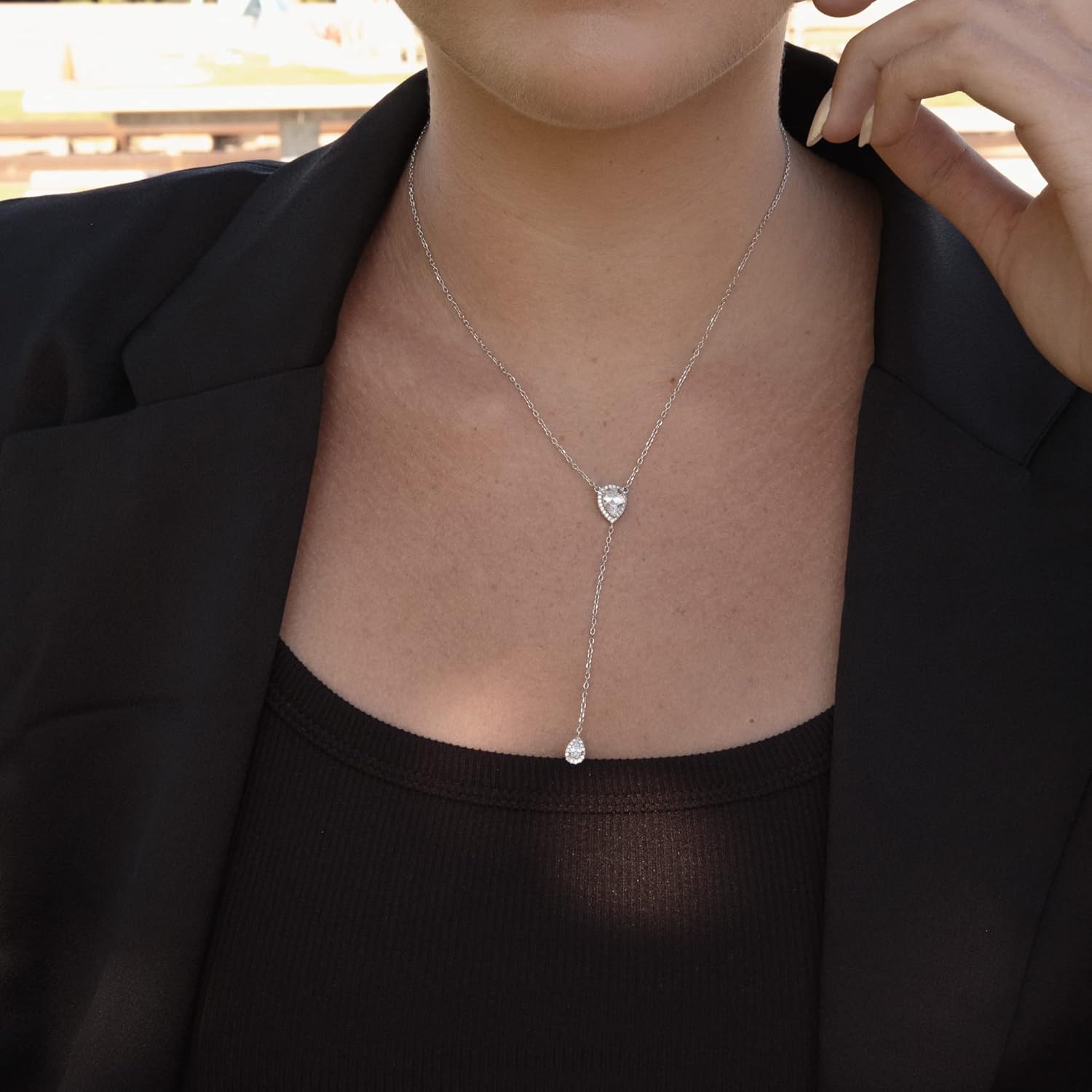 espere CZ Pear Drop Lariat Necklace 16" with 2.75" Y Drop Adjustable, 3 Colors Available