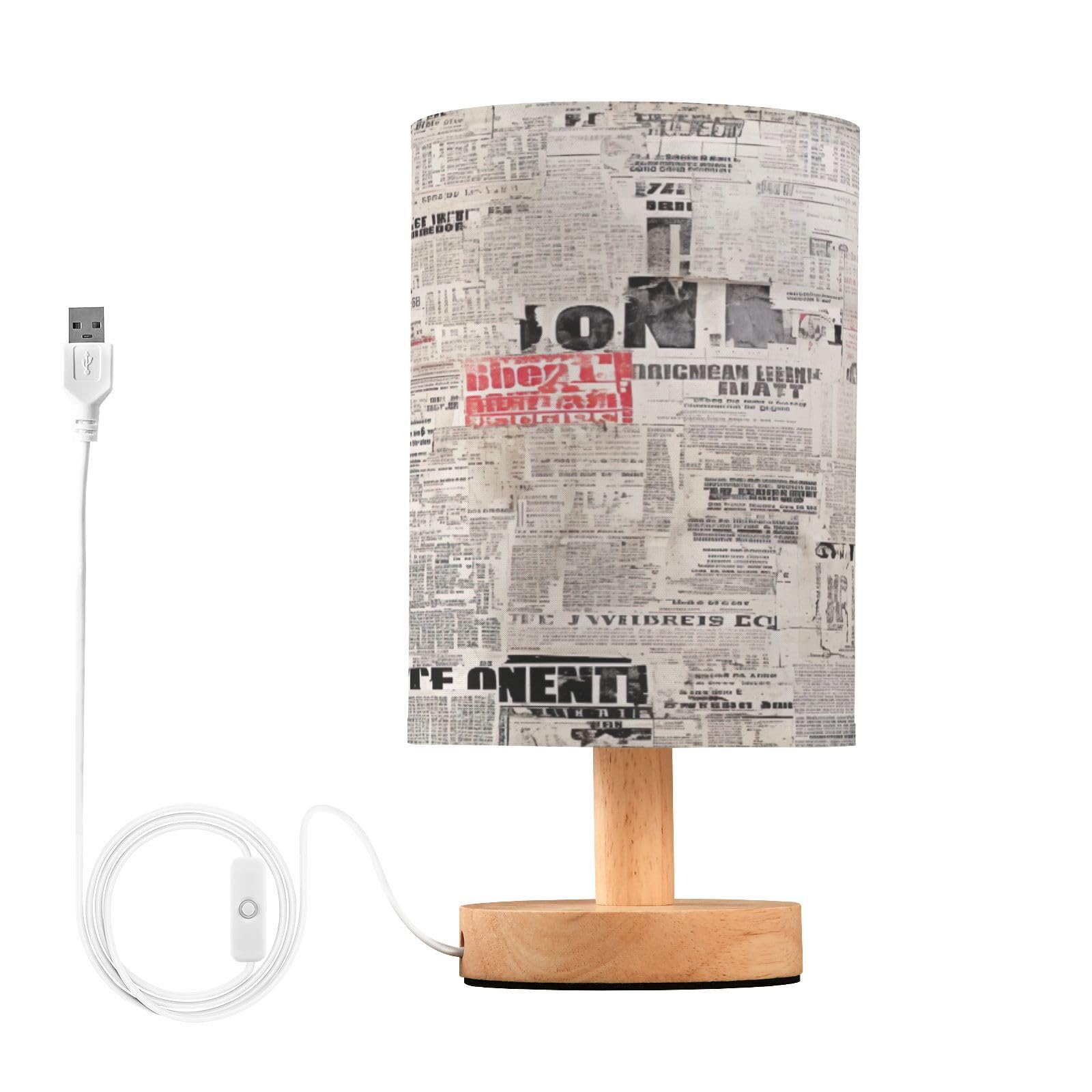 SDMKA Vintage Newspaper Texture Bedside Table Lamp for Bedroom, Minimalist Nightstand Lamp with Round Fabric Shade for Living Room, Office, No Bulb Required
