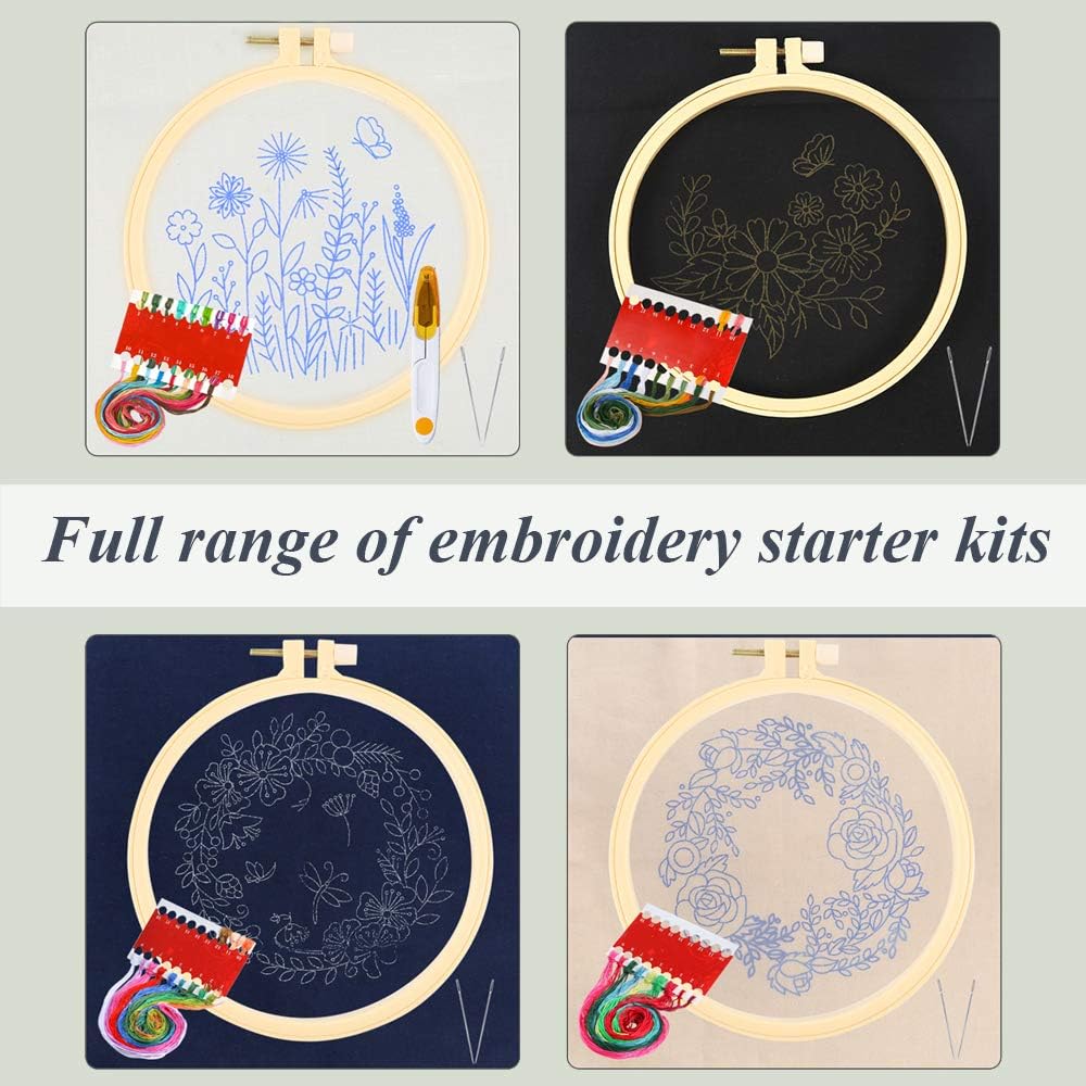 Pllieay 4 Sets Full Range of Embroidery Starter Kit with Patterns and Instructions, Include Embroidery Clothes with Floral Pattern, Plastic Embroidery Hoops, Color Threads and Tools