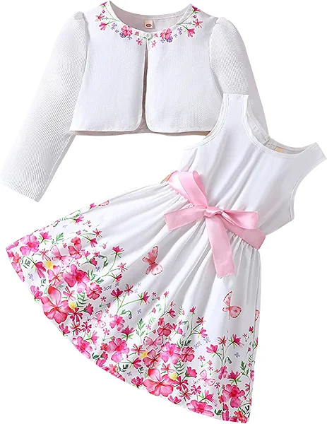 Little Girls Dress and Cardigan Sets 2 Piece Floral Print Sleeveless Dress Lace Edge Sweaters Spring Full Clothes for 2-7Y