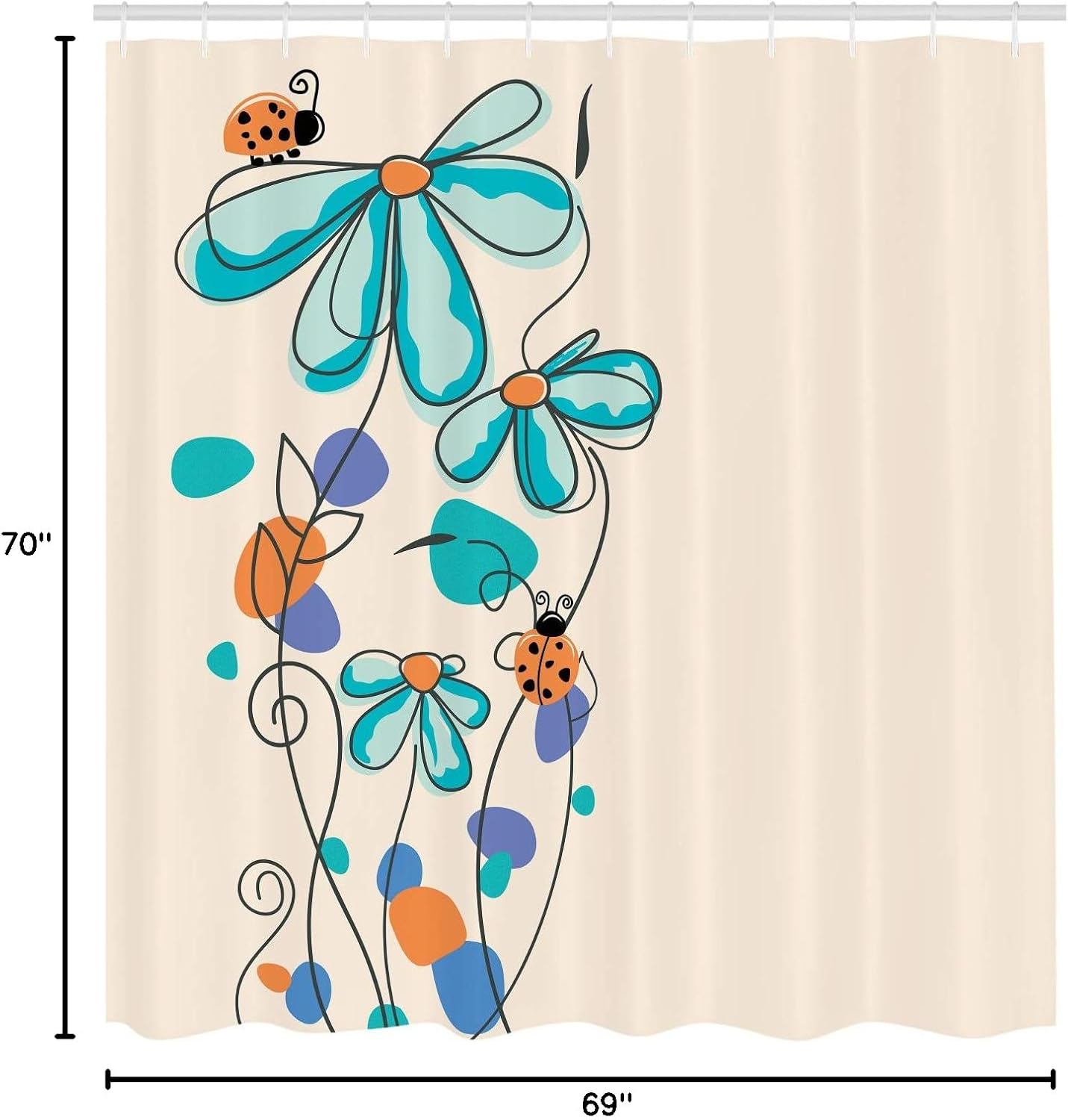 Ambesonne Spring Shower Curtain, Flowers Oval Dome-Shaped Ladybugs Illustration Never Ending Love Story Luck, Cloth Fabric Bathroom Decor Set with Hooks, 70" Long, Pale Blue