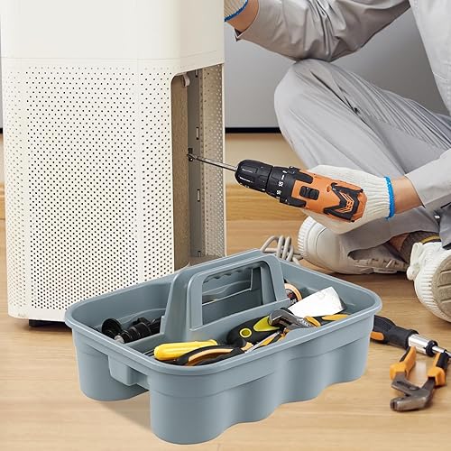 Miniatura 4 de Yarebest Paquete de 4 organizadores de almacenamiento de herramientas de limpieza de plástico, 2 compartimentos con asa, gris