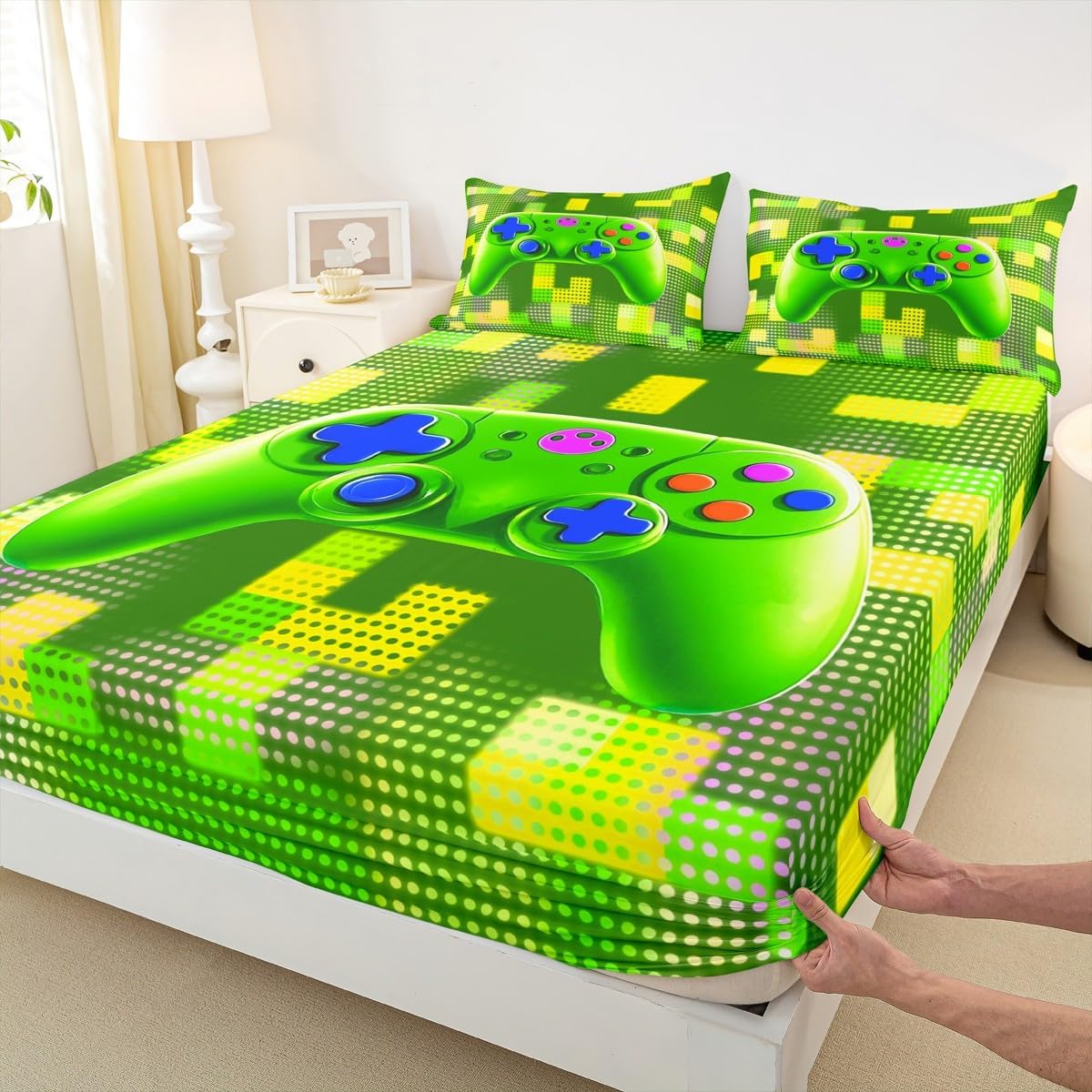 Gamer Gamepad Kids Fitted Sheet Full Size,Video Game Console Modern Fashion Bedding Set,Girls Boys Room Decor,Geometric Building Block Gaming Green Bed Sheet,2 Pillowcases(No Flat)