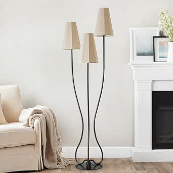 ZenGlimmer Artistic Vintage Floor Lamp, 3-Light Standing Lamps with Sculptural Curved Iron Base & Octagonal Linen Shades