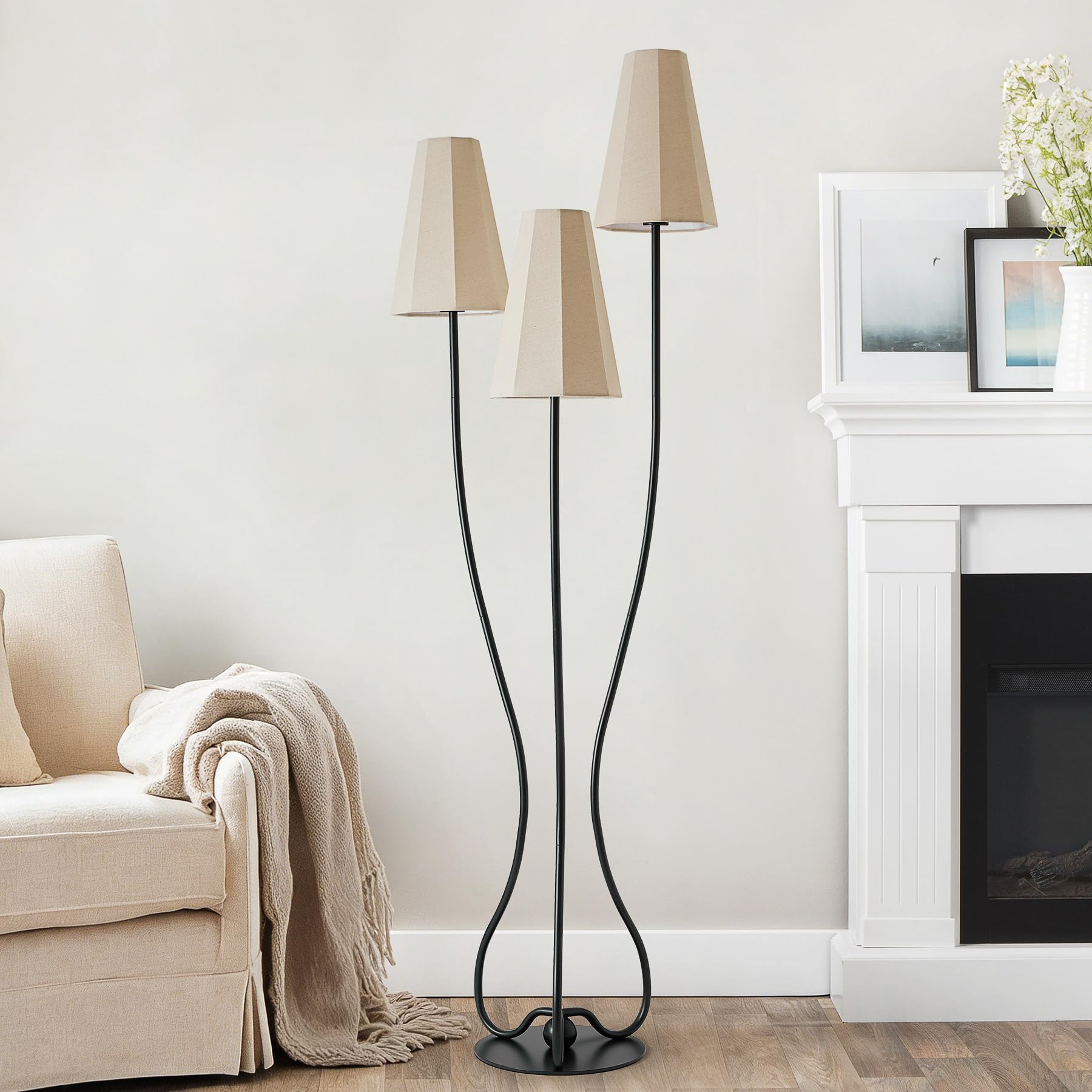 Photo 1 of ZenGlimmer Artistic Vintage Floor Lamp, 3-Light Standing Lamps with Sculptural Curved Iron Base & Octagonal Linen Shades, Statement Lighting for Living Room, Bedroom, Studio