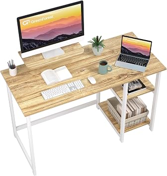 GreenForest Office Desk with Monitor Stand,120cm Computer Desk with Reversible Storage Shelves,Study Desk for Home and Small Spaces,Oak