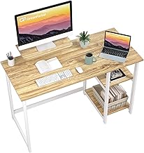GreenForest Computer Schreibtisch mit Monitorständer und reversiblen Speicherregalen,39 Zoll kleiner Home Office Schreibtisch für kleine Räume, Beige