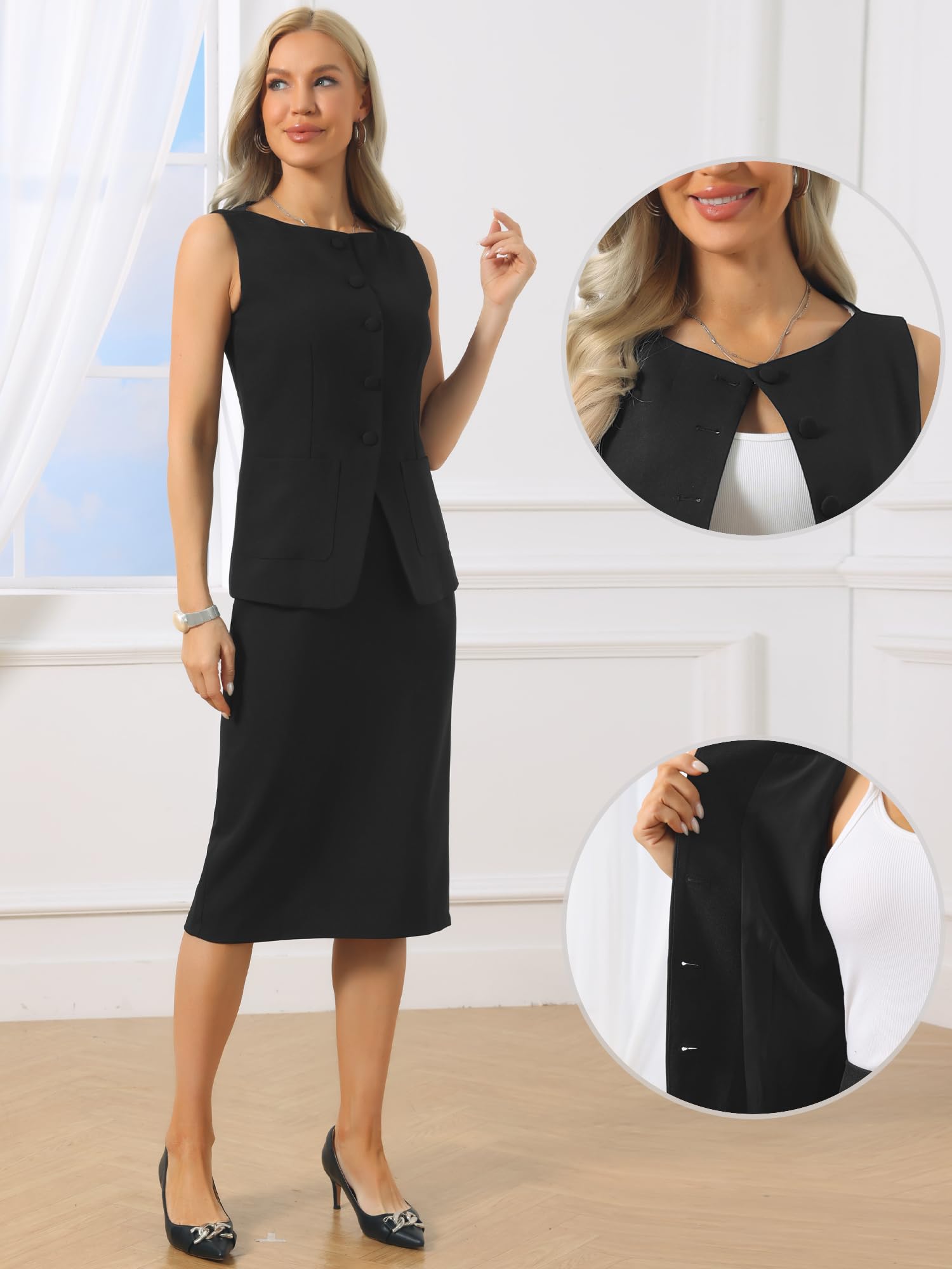 Allegra K Ensemble de 2 jupes en lin sans manches pour femme, col bateau, blazer boutonné et jupe crayon
