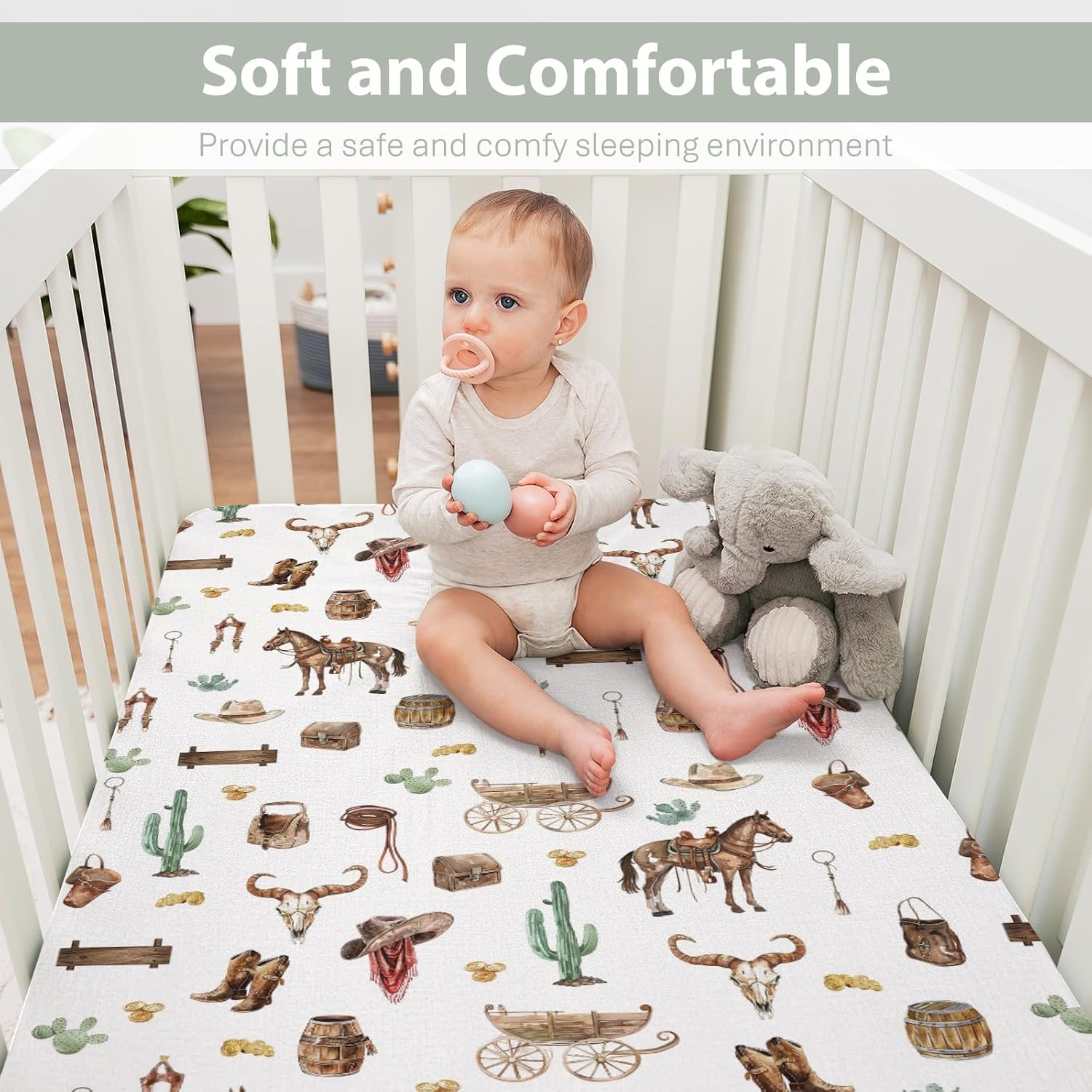 Western Cowboy Baby Crib Sheets for Boy 52"x28" Cowboys Horse Boots Hats Golds Cactus Soft Snug Fitted Crib Mattress Cover Wild West Cowboy Life Baby Sheet for Standard Crib & Toddler Bed Mattress