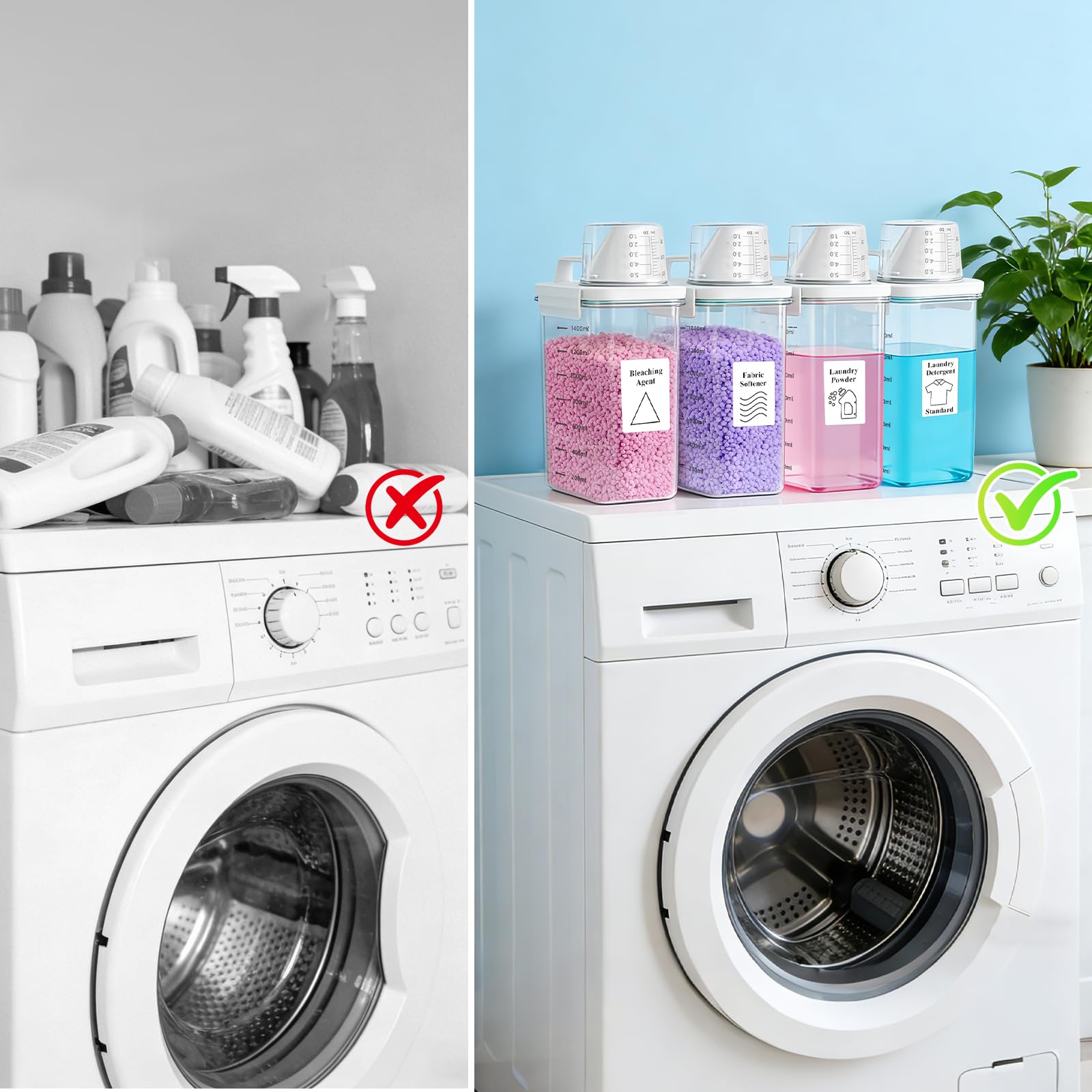 Waschmittelspender, Kunststoff, 1,7 l, Flüssigwaschmittelspender mit Etikett, Pulverbehälter und Duftverstärker, Perlen, Spender, Weichspüler-Halter für Waschküche, transparent, 4 Stück