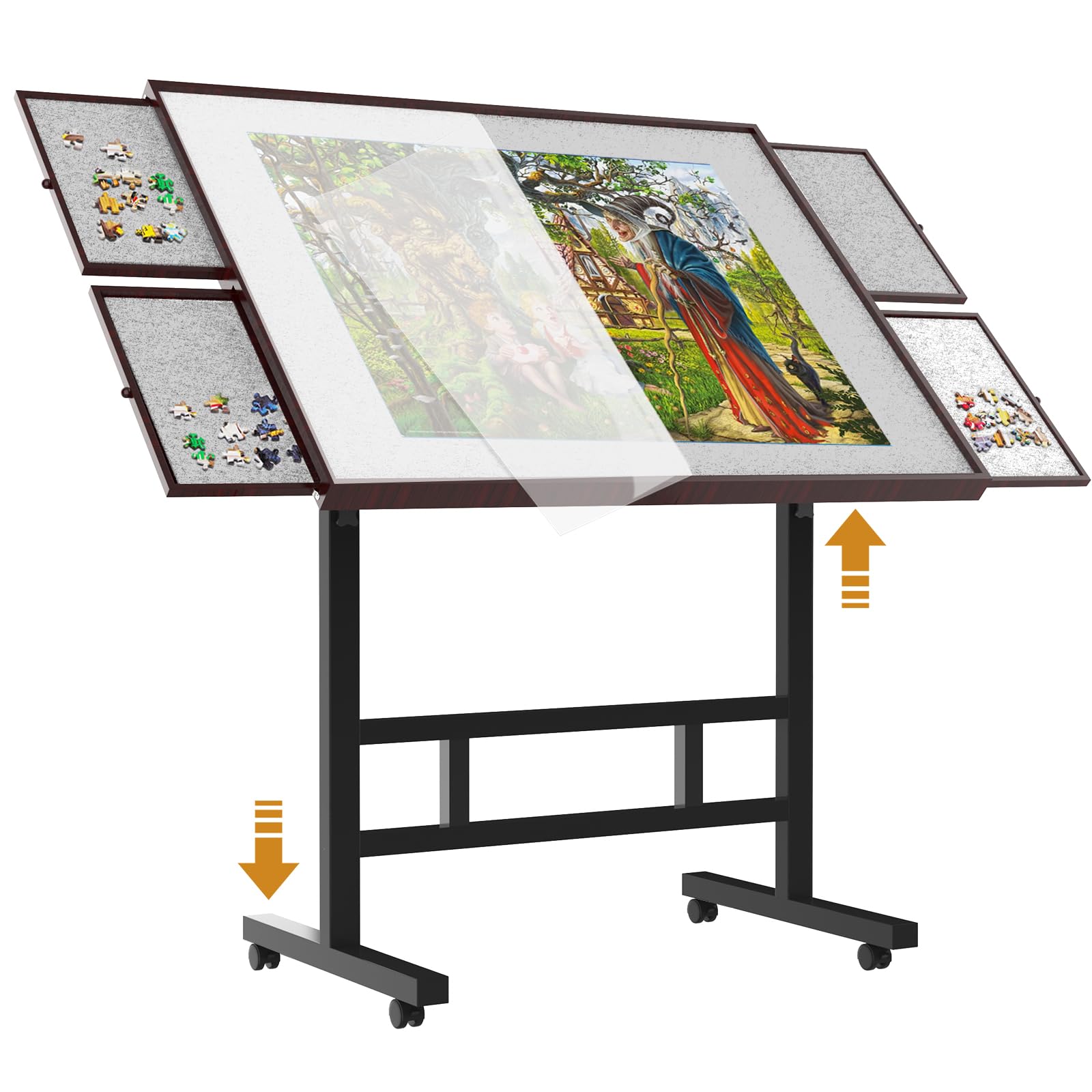 jigsaw puzzle table 1500 pieces,adjustable height&up puzzle board with cover and 4 drawers,34×26in puzzle tables for adults,puzzle board with cover with legs for puzzle doer(coffee color)