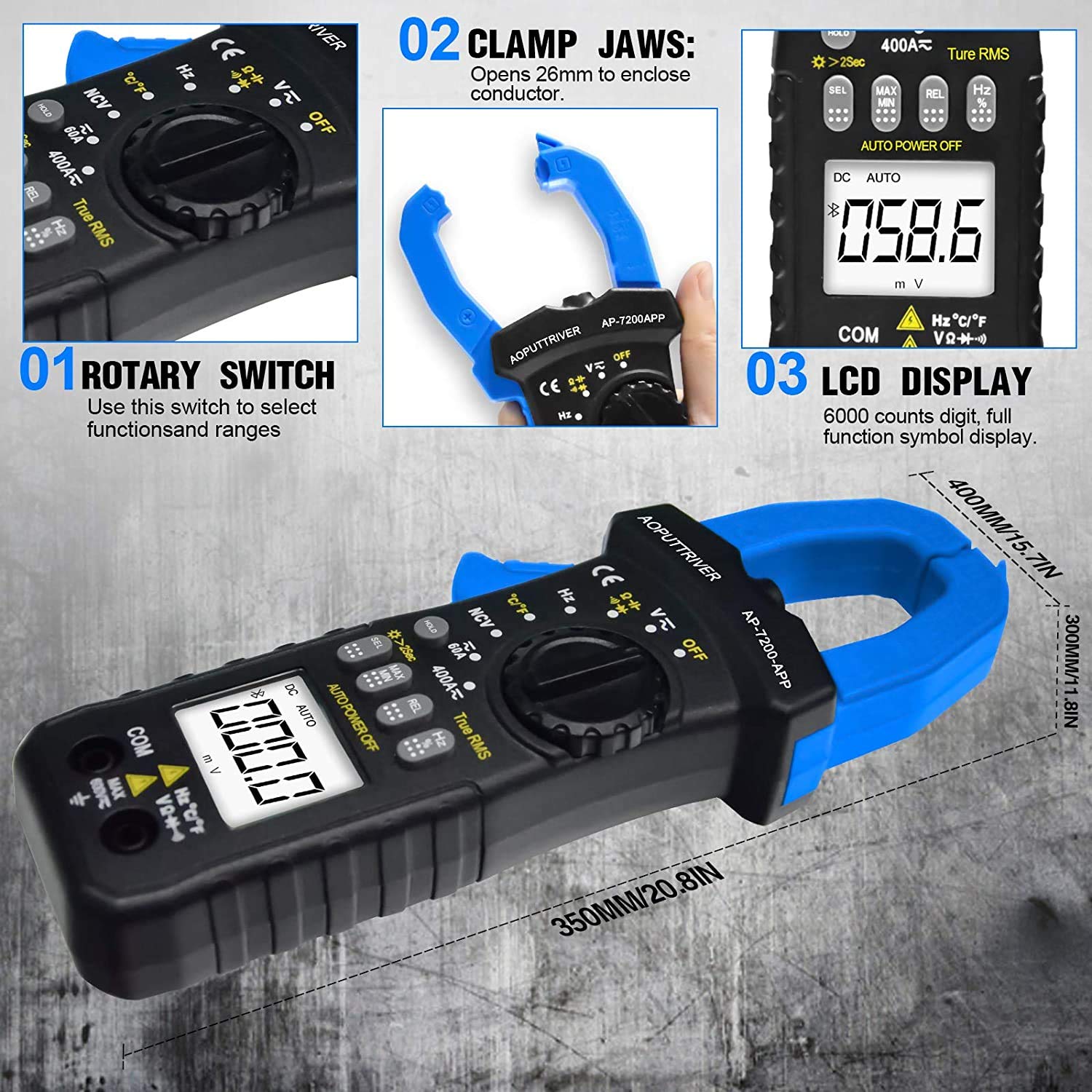 Pinza amperimétrica pinza Bluetooth Medidor de amperios de AP-7200APP 6000 cuentas Amperímetro Probador de voltaje Mide amperaje, voltios, capacitancia, continuidad, ohmios Amperímetro de pinza