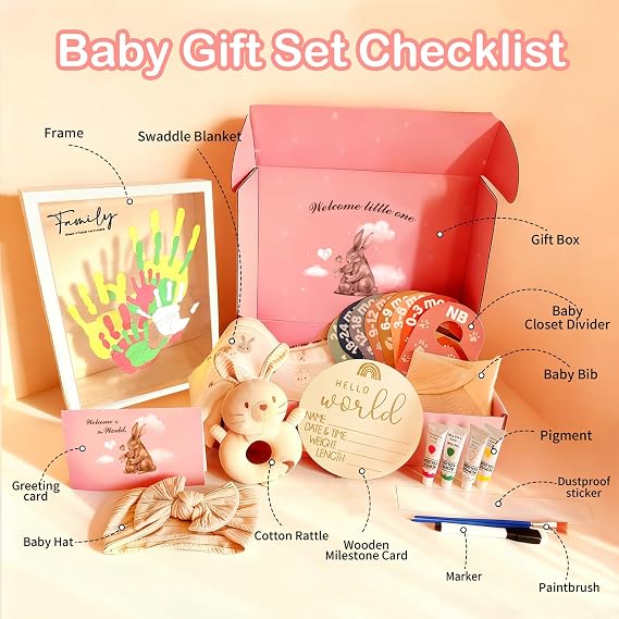 Baby Gift Set Gender Reveal Gifts Designed for New Parents, Includes Swaddle Blanket, Bunny Rattle, Bib, Headband, Wooden Birth Sign, Family Handprint Kit, Greeting Card & Closet Dividers