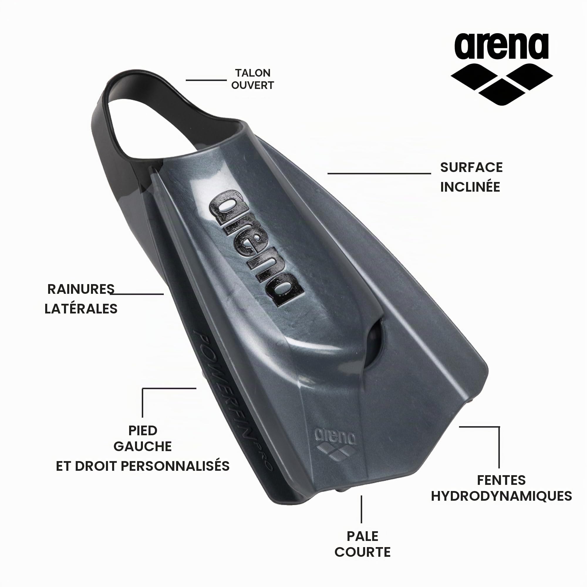 Arena Powerfin Pro II Palmes de Piscine d'Entraînement, Palmes de Piscine Adulte, Palmes 100% Silicone, Palmes de Piscine Courtes et Confortables
