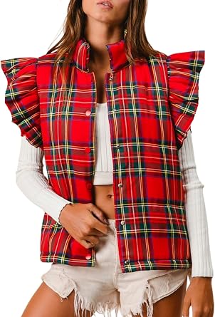 Womens Vest Ruffle Sleeveless Button Down Quilted Vest Padded Gilet Coats