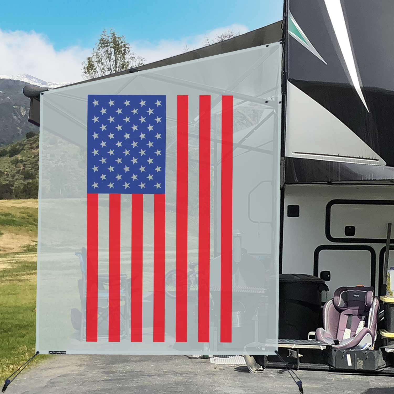 TentproincRV Awning Side Shade Screen 9' X 7' - (American Flag) Gray Mesh Screen Sunshade Complete Kits Camping Trailer Motorhome Awning Shadescreen UV Sun Blocker - 3 Year Warranty