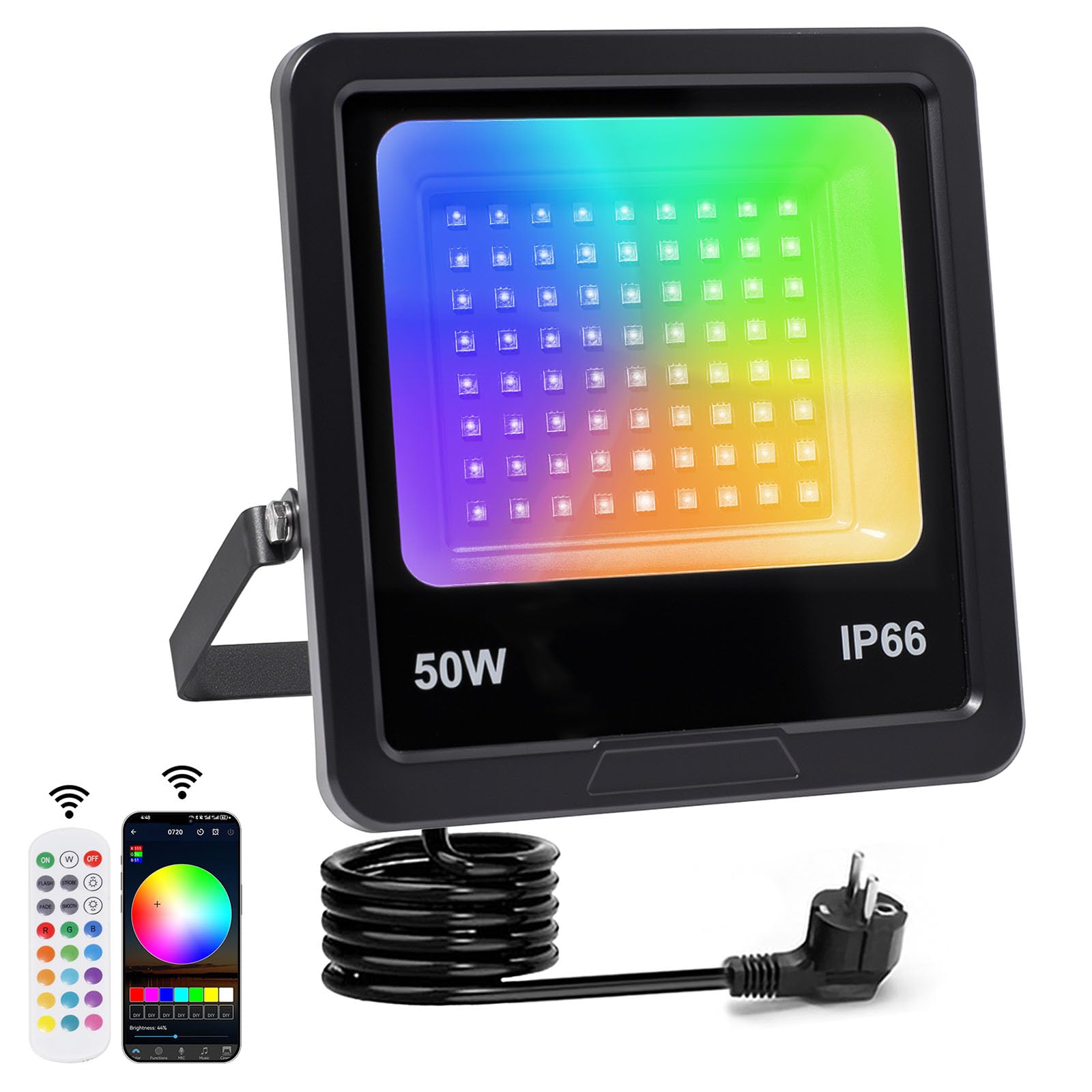 Outdoor RGB LED Spotlight 50 W, Faretto Led Rgb, IP66 Waterproof Dimmable Projector with Bluetooth App and 2.4 G Remote Control for Garden, Party, Halloween