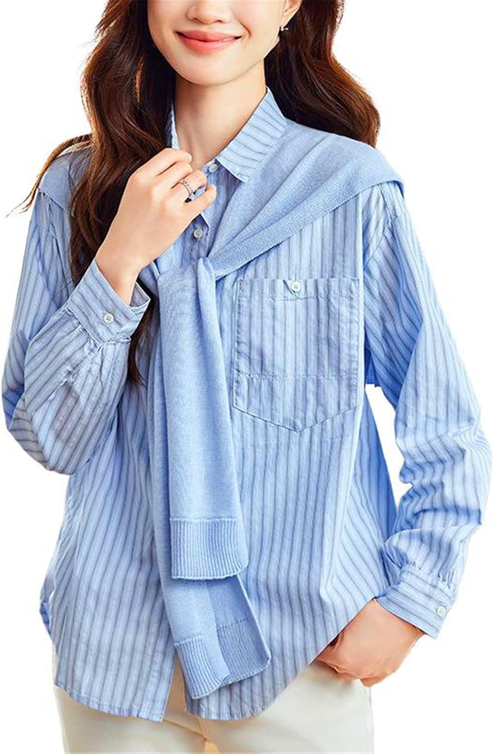 Womens Button Down Shirt Stripe Long Sleeve Spring Pink V Neck Dress Shirt Work Blouse Tops for Women