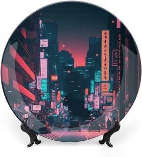 Decorative Plates, Japan Tokyo Street at Night with Buildings Painting Ceramic Dinner Plate Home Wobble-Plate with Display Stand, Wall Hanging Decor for Living Dining Room Kitchen Household 8 Inch