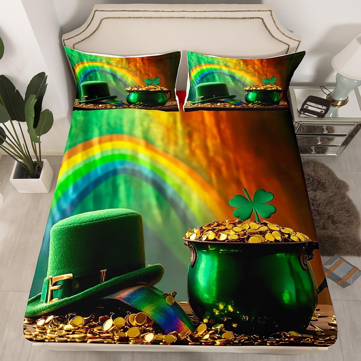 jejeloiu ST Patricks Day Bed Sheets Set for Kids Boys Girls Twin Size Gold Coin Pot Fitted Sheet Lucky Shamrocks Bedding Collection Green Hat Bedding Set Rainbow Pattern