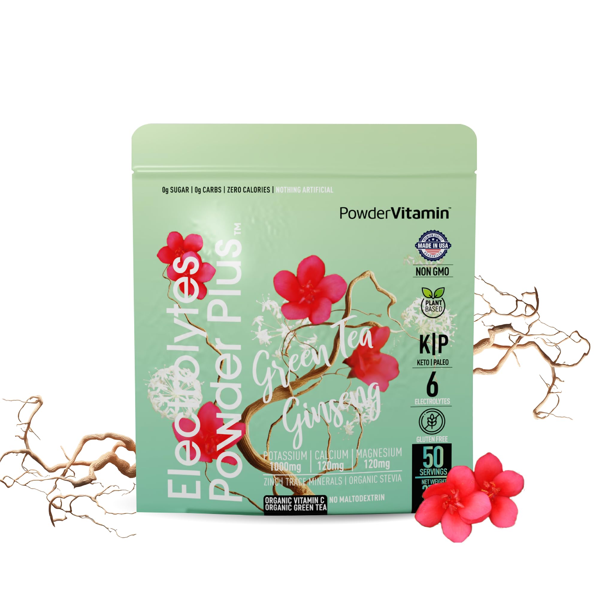 PowderVitamin Electrolytes Powder Plus (50 Servings) Green Tea Ginseng Electrolyte Powder Keto, Sugar Free, Pink Himalayan Salt,1000mg Potassium,120mg