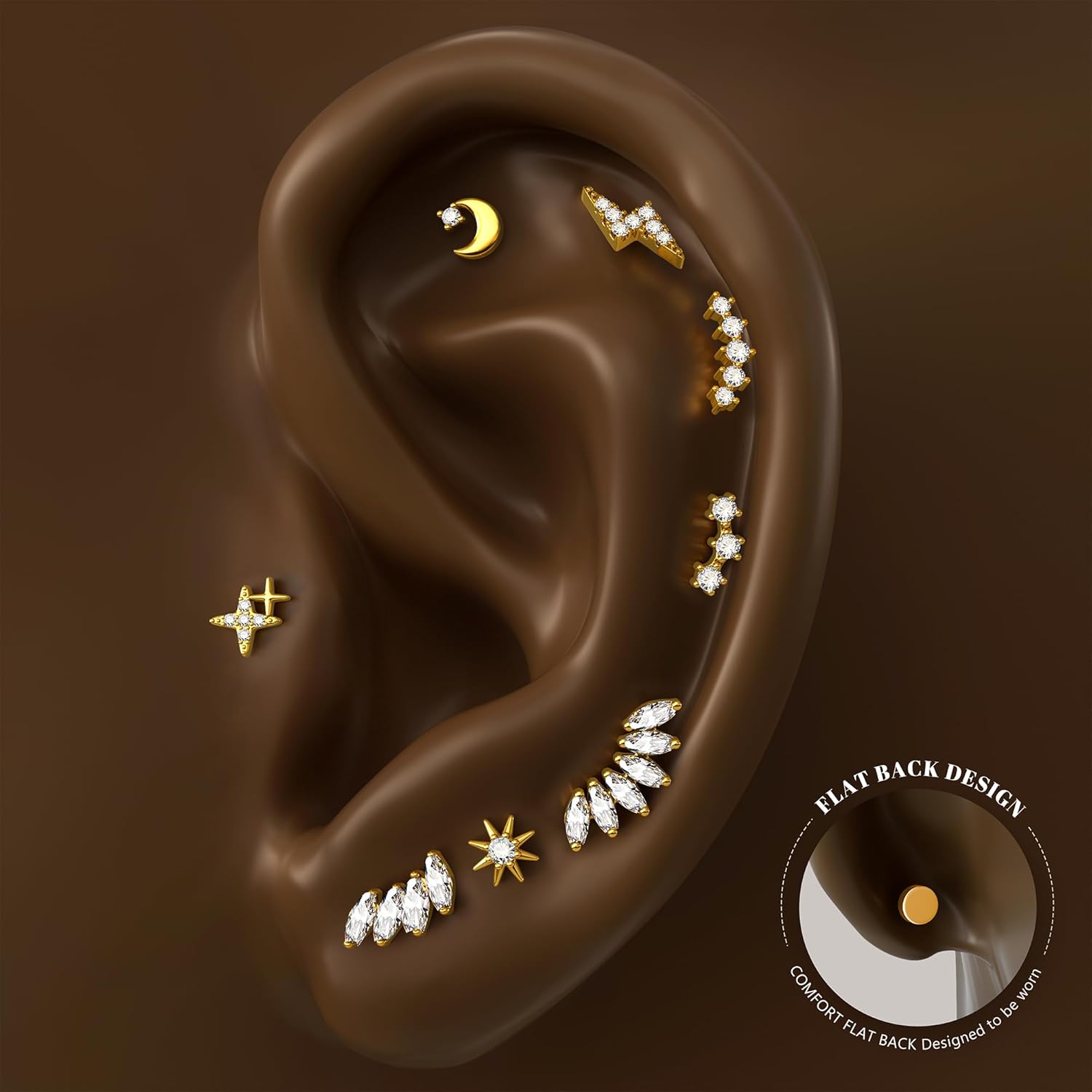 14K Gold Plated Solid 925 Sterling Silver Post Flat Back Earrings Stud | Cartilage Helix Conch Tragus Piercing Jewelry 3 Pairs Tiny Screw Dainty CZ Opal Earring Set Men Women - Image 6