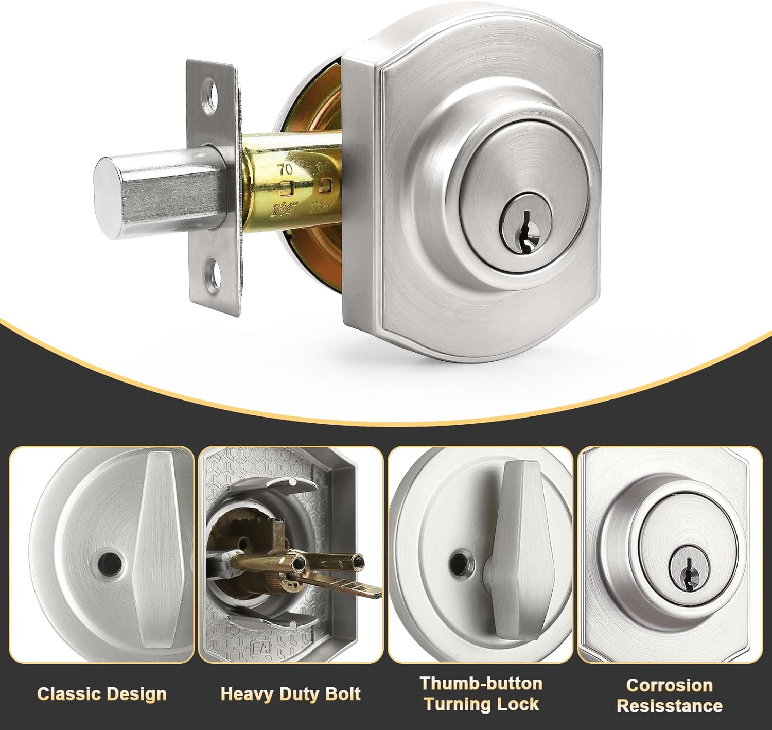 Front Door Handle and Deadbolt Set, Brushed Nickel Front Door Lock Set with Reversible Handle Lever, Classic Front Door Hardware, Single Cylinder Front Door Entry Lock