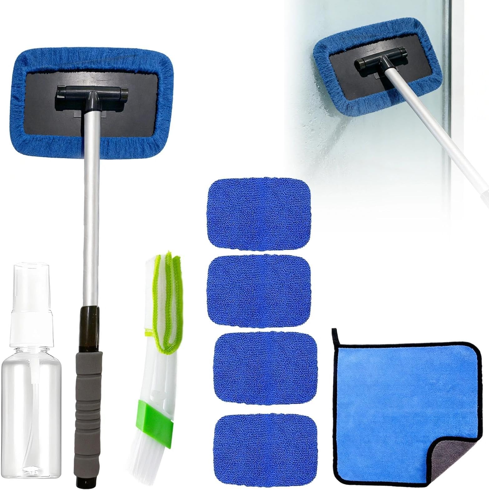 Car Windscreen Cleaner, 8 PCS Car Window Cleaner Tool Kit, Windshield Cleaner Tool with Extendable Long Handle, 4 Reusable Microfiber Pads, Windscreen Cleaning Tool Set for Car