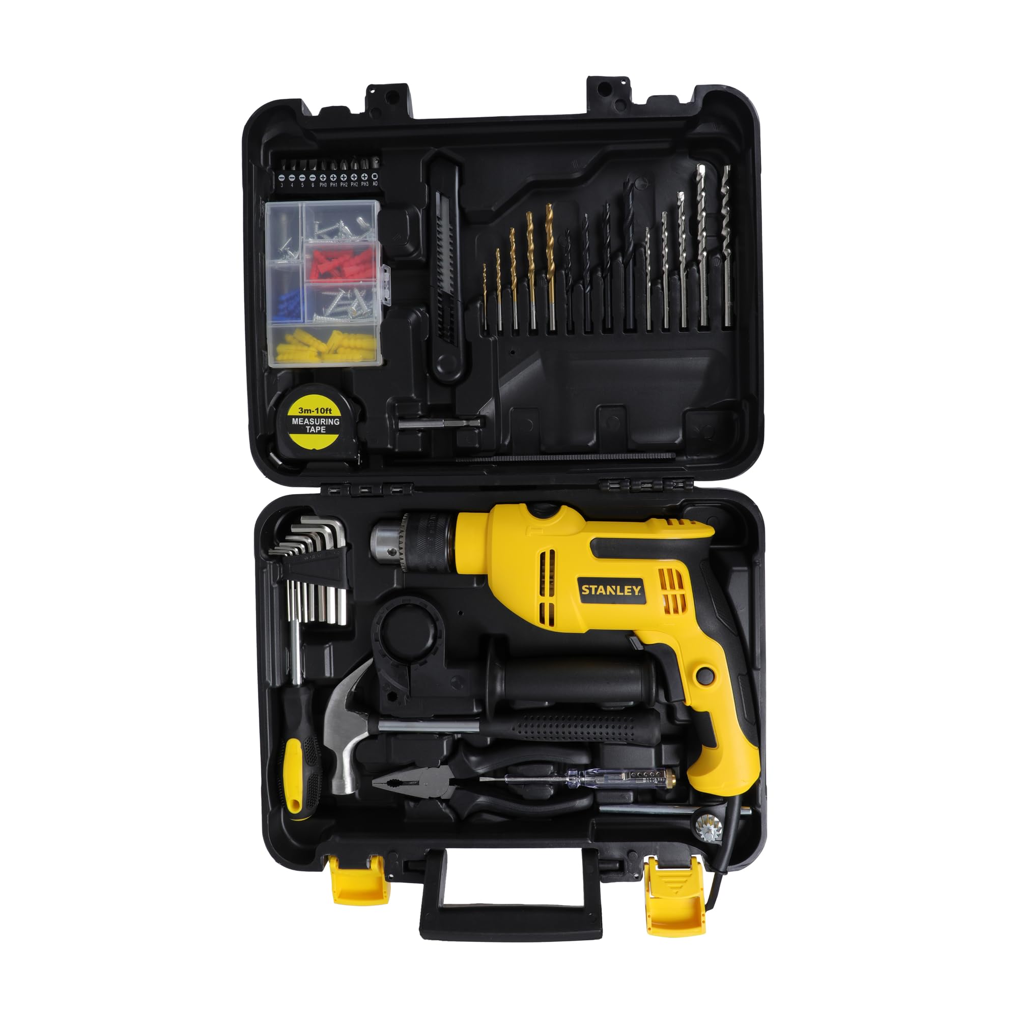 STANLEY SDH550KPA-IN 550W 13mm Corded Single Speed Hammer Drill Machine and Hand Tool Kit (120-Pieces) - Includes Hammer Drill, Measurement Tape, Drill Bits, Hammer, YELLOW & BLACK