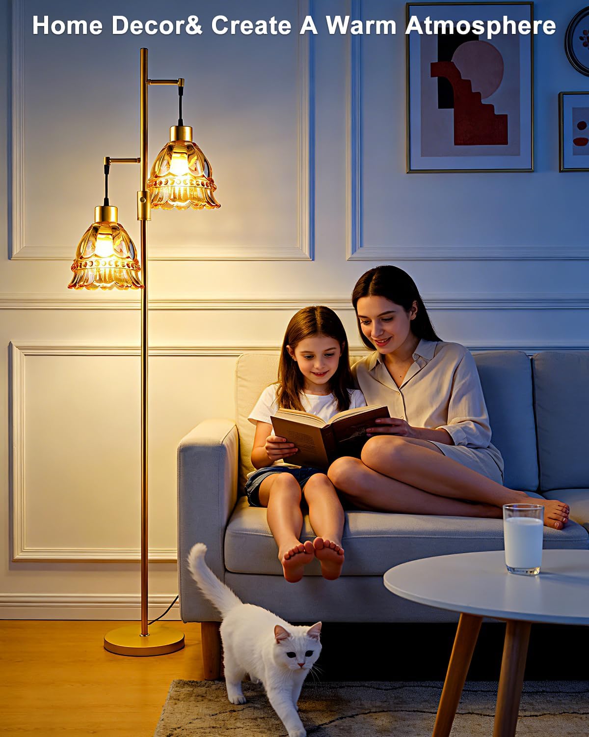Lightdot 65IN Glass Floor Lamp for Living Room, 2- Light Gold Flower Floor Lamps with Amber Glass Lampshade, 3000K Warm White Modern Standing Tall Lamp with 5Lbs Heavy Base for Bedroom Corner