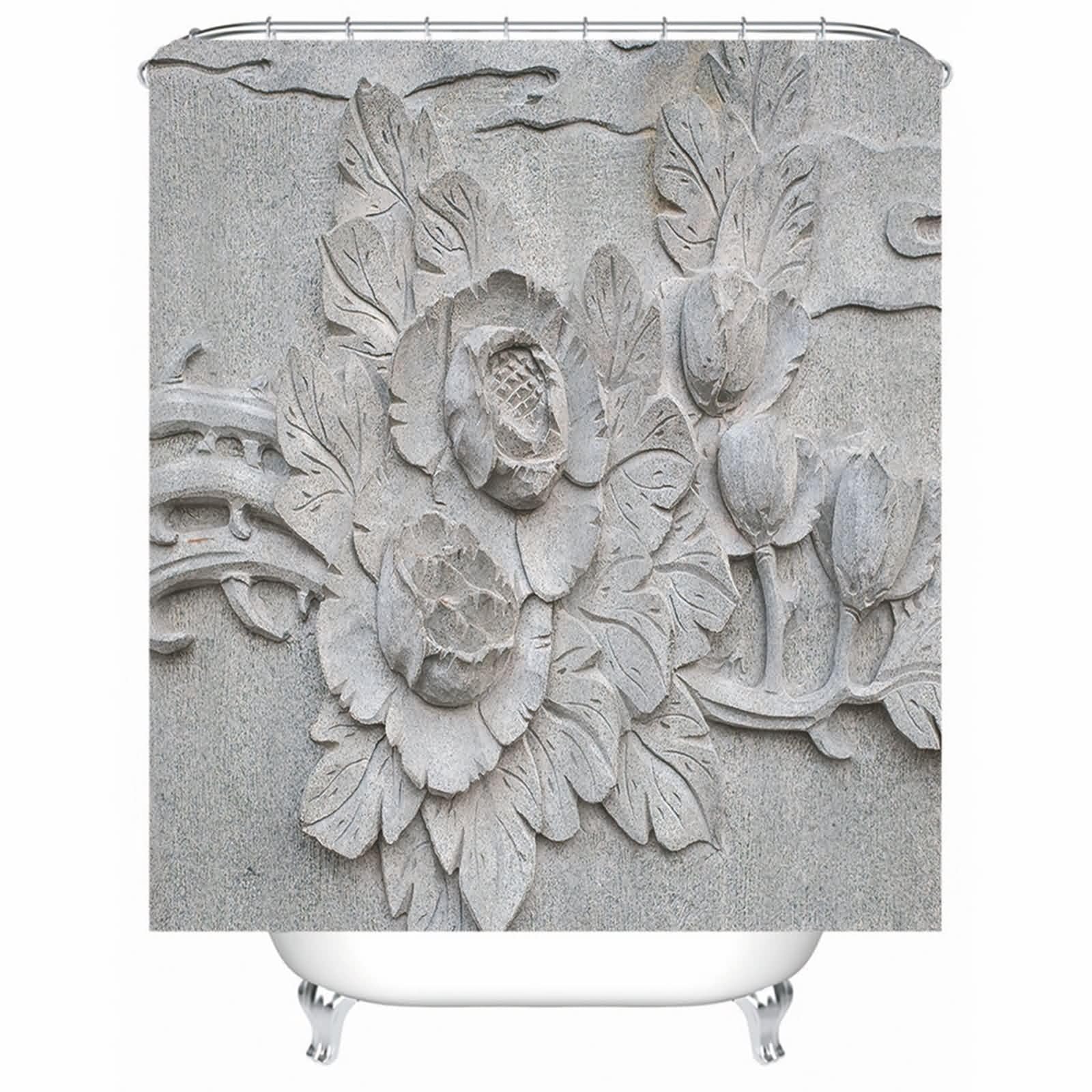 Rideau de douche en tissu textile gris avec motif floral gravé chic