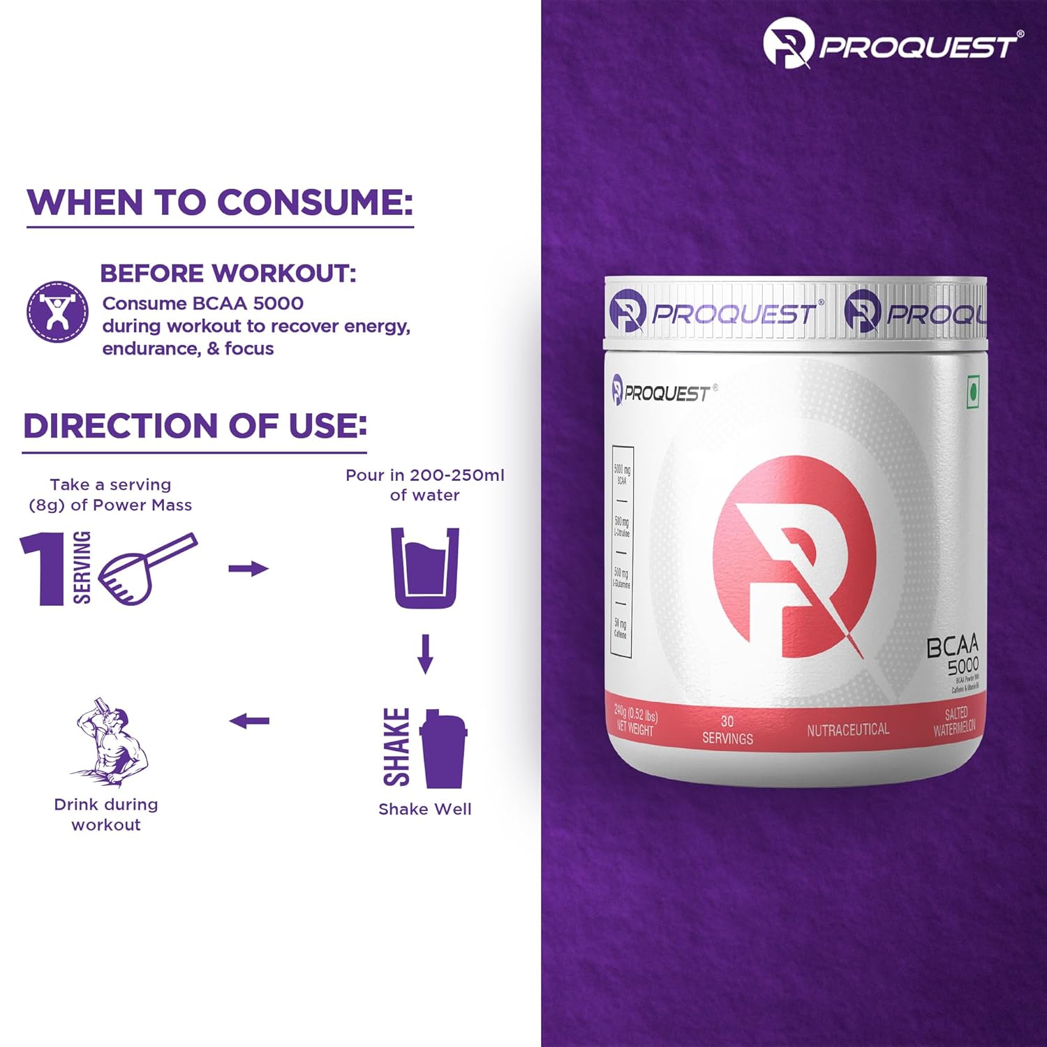Proquest Nutrition BCAA 5000, 5G BCAAS in 2: 1: 1 optimal ratio (240g, 30 servings) Namkeen Watermelon Taste | Supplementing powerful intra workout for men and women for muscle recovery, hydration and endurance Proquest Nutrition BCAA 5000, 5G BCAAS in 2: 1: 1 optimal ratio (240g, 30 servings) Namkeen Watermelon Taste | Supplementing powerful intra workout for men and women for muscle recovery, hydration and endurance
