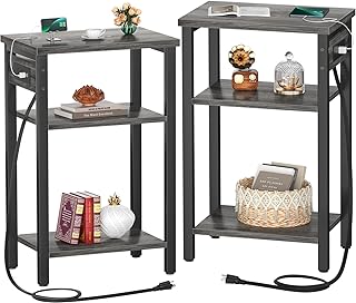 End Table Set of 2 with Charging Station, 3 Tier Small Nightstand with Storage Shelf, Slim Side Table with USB Ports & Outlets, Modern Sofa Bedside Table for Bedroom, Living Room, Gray Oak