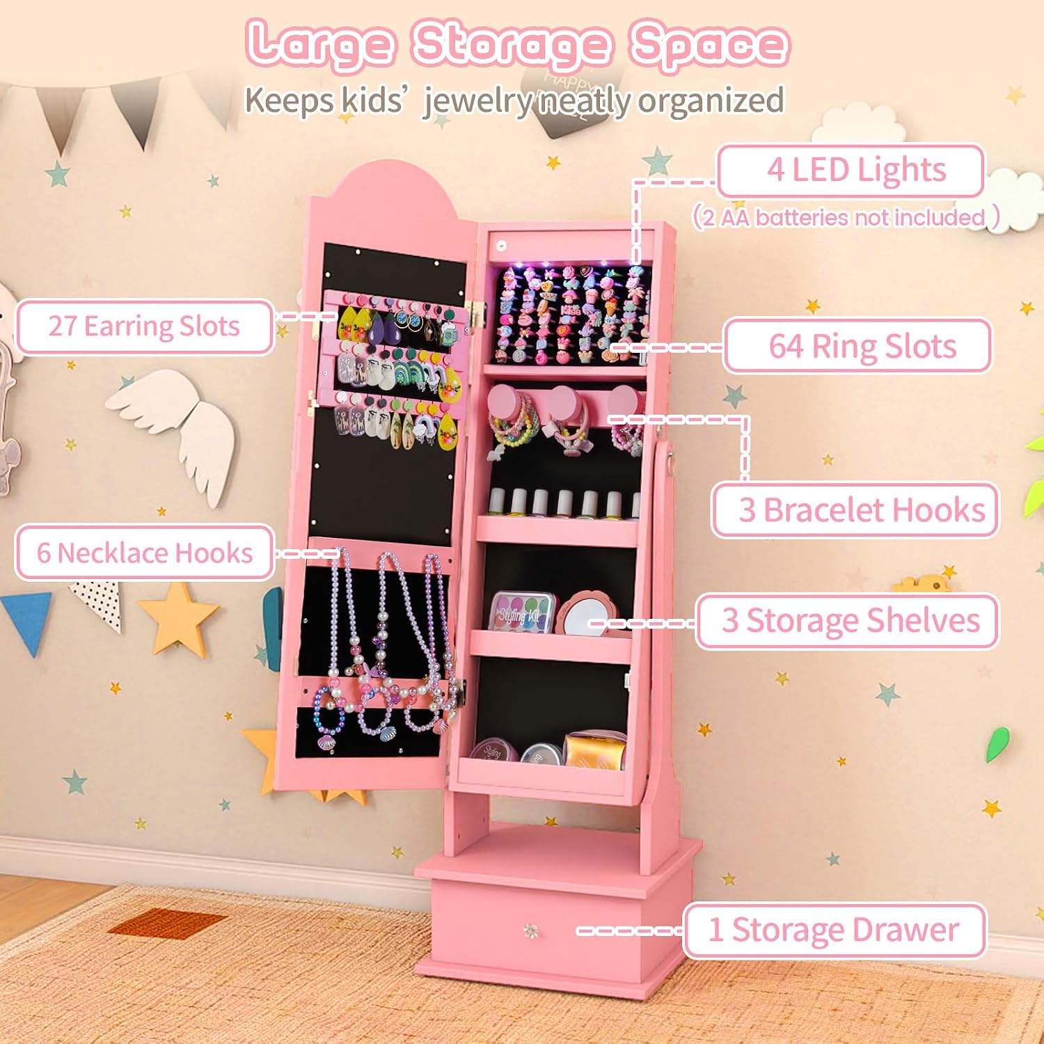 2-in-1 Children's Mirror with Lighting, Freestanding Standing Mirror with 3 Coloured Full-Length Mirrors, 4 LED Lights & Drawer, Children's Jewellery Cabinet Tilting (Pink)