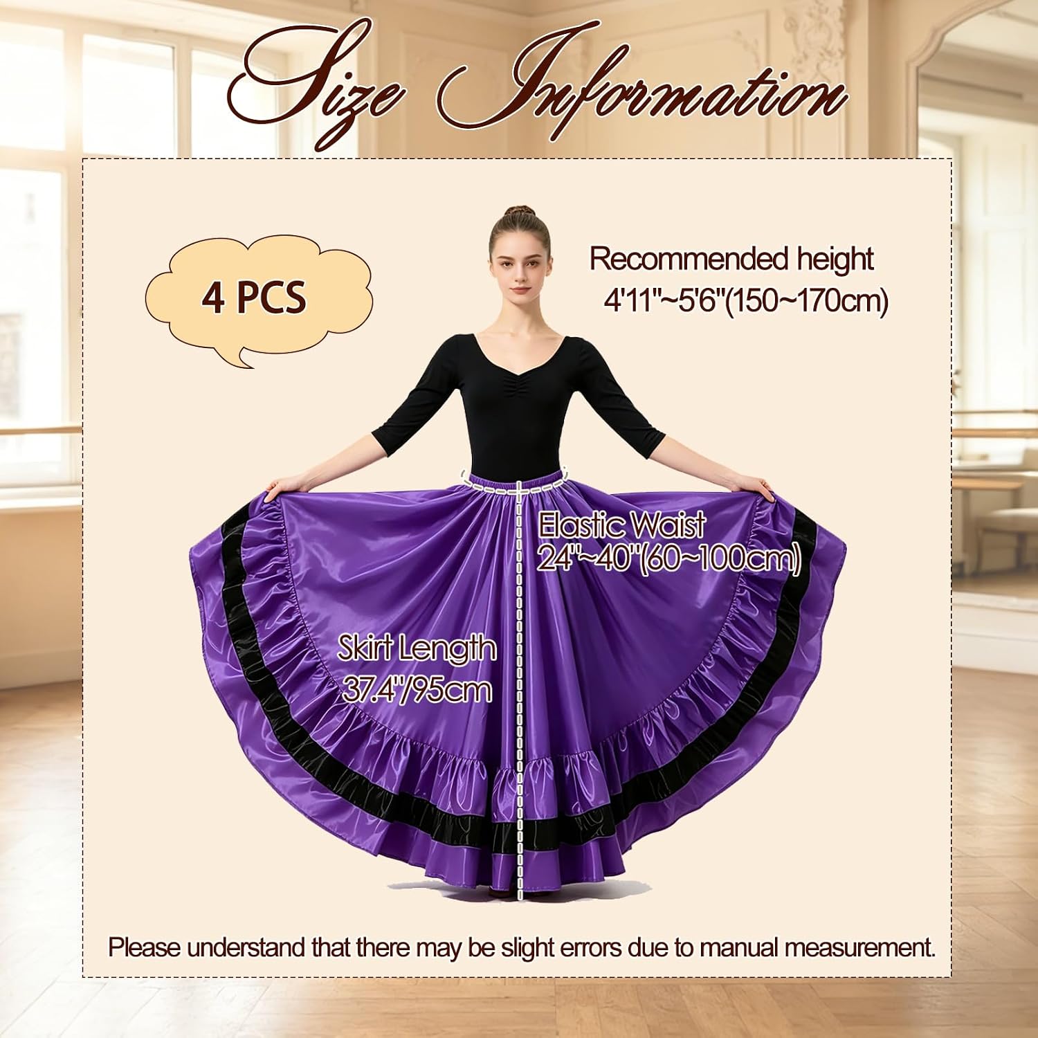 4 Pack Satin Flamenco Skirts - 360° Full Circle Ruffle Long Skirts for Women, Belly Dance & Folklorico Performance Costume