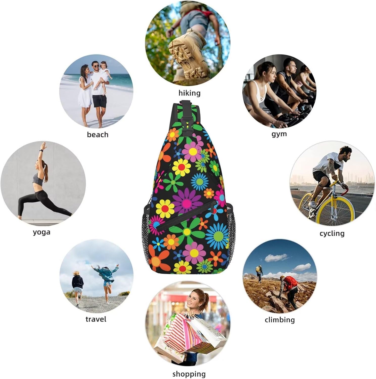 Colorful Hippie Flowers Crossbody Sling Bag for Women Men Abstract Tropical Floral Pattern Travel Sling Backpack Casual Shoulder Bag Multicolored Flower Print Gym Sports Hiking Daypack - Image 5