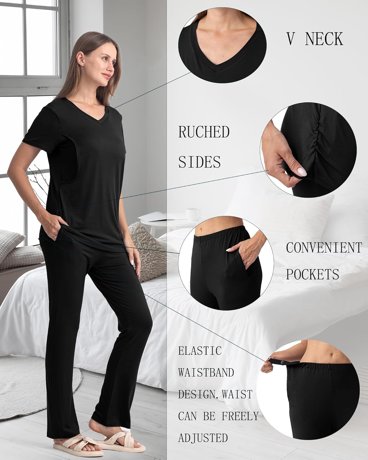 Rnxrbb 3 Piece Women's Maternity Nursing Pajamas Set V Neck Breastfeeding Pjs Sleepwear Postpartum Shorts&Pants Pockets - Image 5