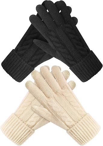 Pleneal Winter Gloves for Women Cold Weather - Womens Gloves Warm Touch Screen Fleece Lined Elastic Cuff Knit Glove 2 Pairs
