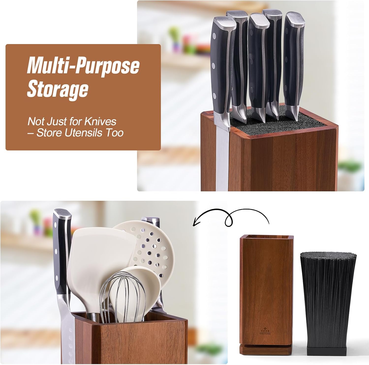 360° Rotating Magnetic Knife Block without Knivies, Acacia Wood Knife Holder with Removable Bristles, Large Capacity Knife Storage Organizer for Kitchen Countertop