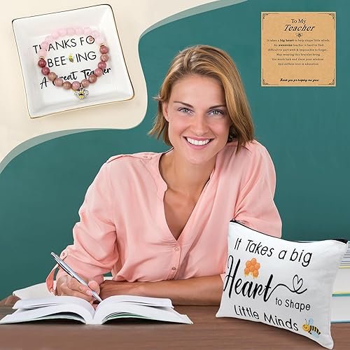 Miniatura 4 de Uiifan Juego de 6 regalos de agradecimiento para maestros con temática de abeja, vaso de abeja, llavero, pulsera, bolsa de maquillaje, plato de