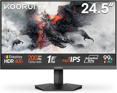 KOORUI G2511P 24.5 Pulgadas Monitor Gaming, 200Hz, FHD 1080P, IPS, GTG 1ms, HDR400, 90% DCI-P3, Eye Care, Adaptive Sync, 2xHDMI 2.0, DP 1.4, Inclinación Ajustable, VESA 75×75 mm