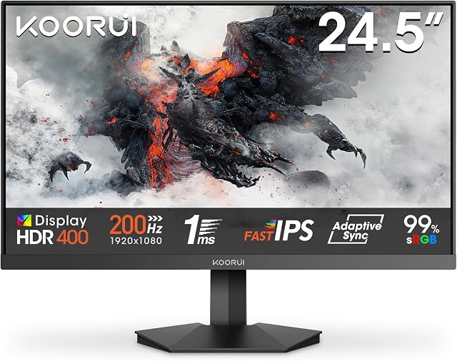 KOORUI G2511P 25 Pollici Gaming Monitor, Full HD 1080p, Fast IPS, 200Hz, 1ms, HDMI(2.0)*2, Adaptive Sync, VESA (75mm*75mm) Compatibile, Eye Care, Inclinazione Regolabile
