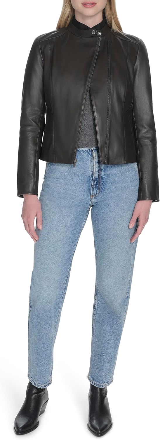 Cole Haan Women's Long Sleeve Snap Collar Asymetric Zipper Leather Jacket