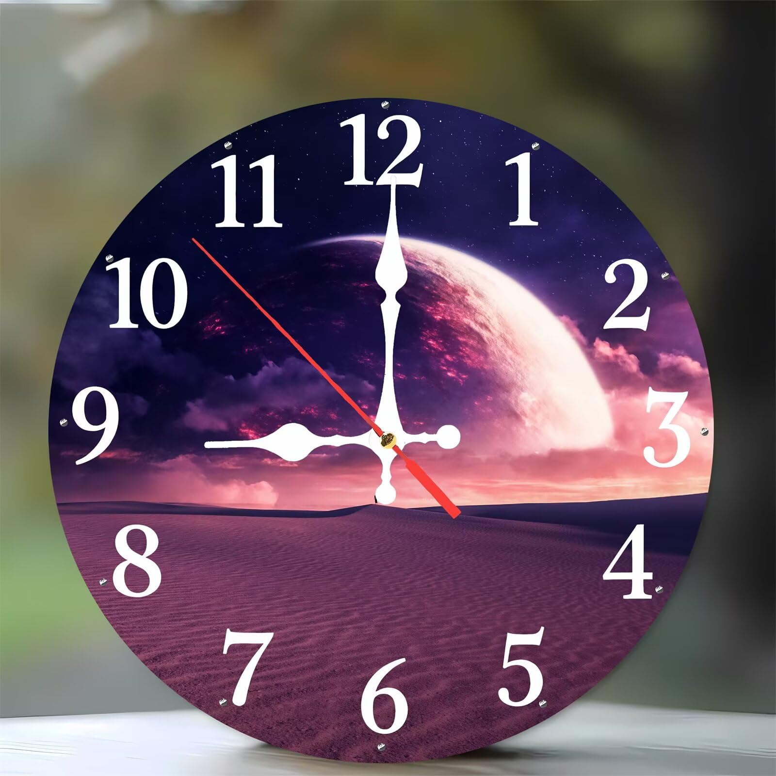 Horloge murale en bois 35 cm au design de paysage cosmique désertique et silencieux