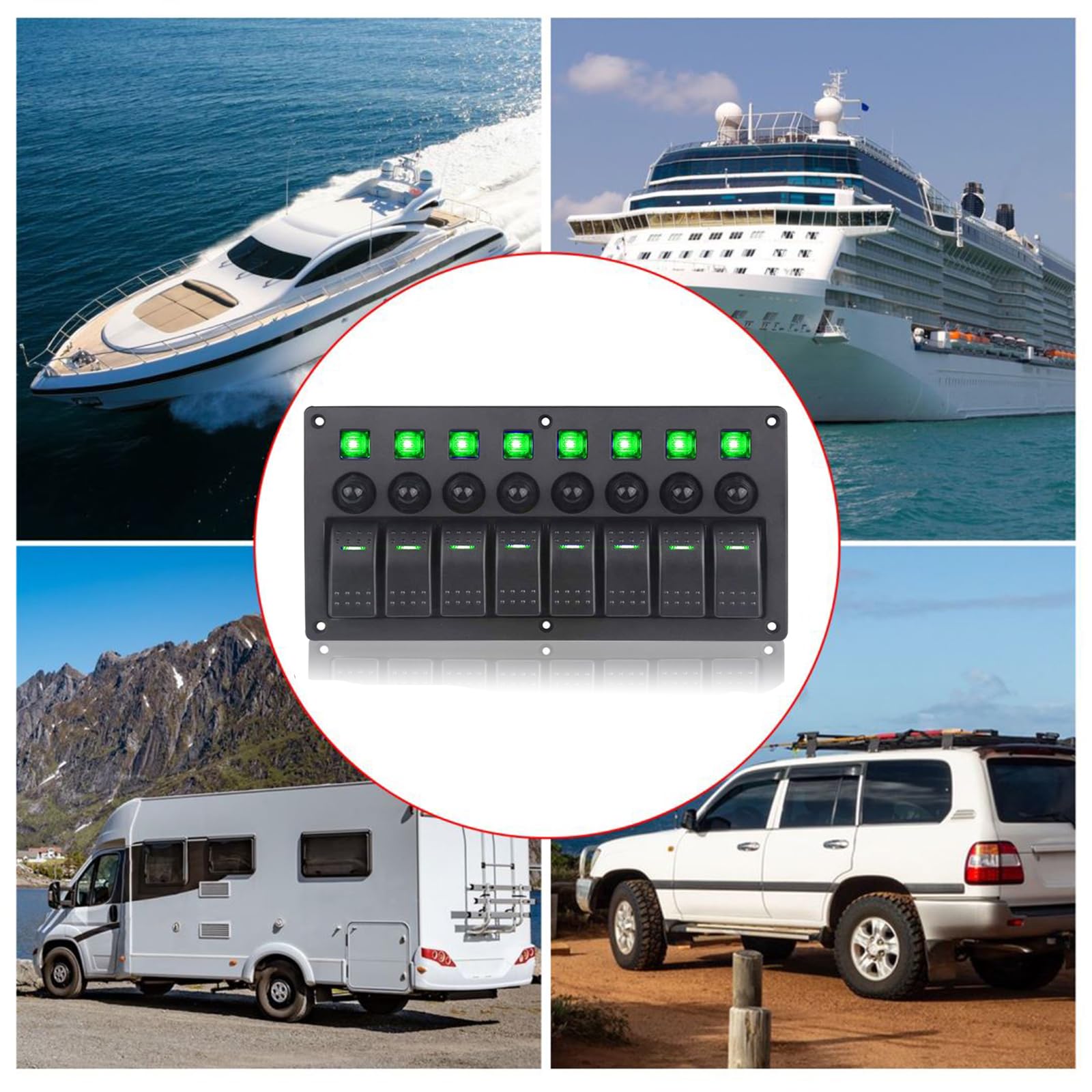 Geloo 8 Gang Pannello Interruttori a Bilanciere 12/ 24 V Interruttore a levetta Marine Barca Rocker Interruttori LED Luce ON-Off Alluminio IP65 Impermeabile per Auto, Barca, Camper