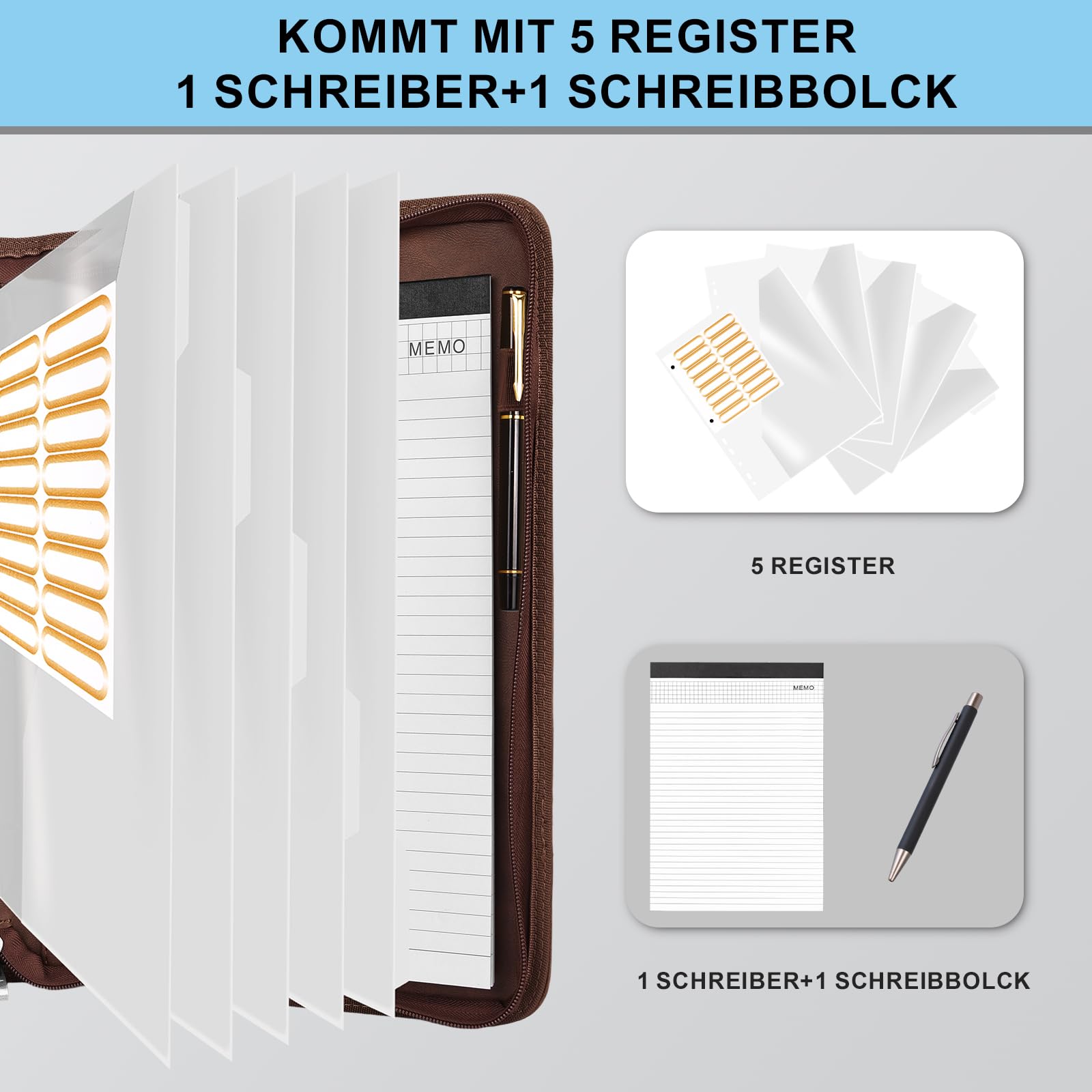 Leathario Schreibmappe A4 mit 5er Register DIN A4，Konferenzmappe mit 4 Ringbuch，Dokumentenmappe mit Reißverschluss, Klemmbrett,Blumenmuster,Ordner für Meeting, Business,Mappe für Schule, Uni