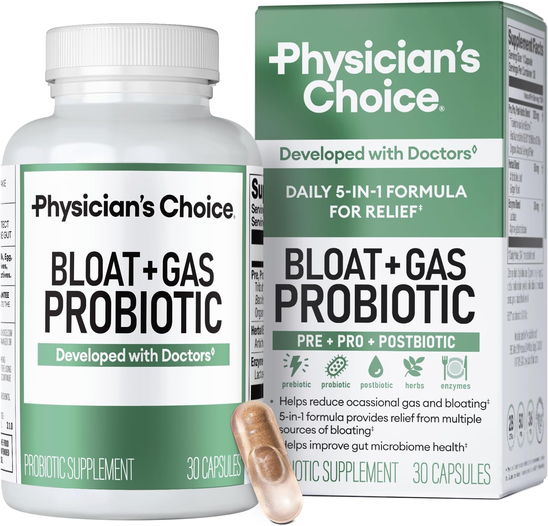 Physician's CHOICE Bloat & Gas Probiotic 5-in-1 Proactive Support + Daily Relief - Digestion & Gut Health- Herbals, Digestive Enzymes, Post & Prebiotics - Gas Relief for Adults - Women & Men - 30ct