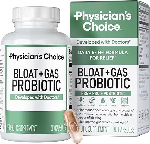 Physician's CHOICE Bloat & Gas Probiótico 5 en 1 Apoyo Proactivo + Alivio Diario - Digestión y Salud Intestinal - Hierbas, Enzimas Digestivas, Post