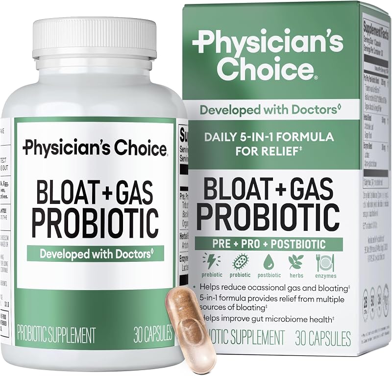 Physician's CHOICE Bloat & Gas Probiotic 5-in-1 Proactive Support + Daily Relief - Digestion & Gut Health- Herbals, Digestive Enzymes, Post & Prebiotics - Gas Relief for Adults - Women & Men - 30ct